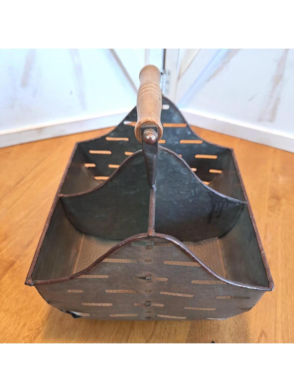 Galvanized Metal Utility Four Section Country Kitchen Caddy with wood Handle